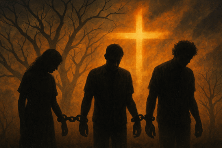 A symbolic digital painting showing three silhouetted figures linked together by chains, standing before a glowing golden cross. The background features barren trees and a warm orange sky, representing deliverance from generational bondage and the power of spiritual freedom through Christ.