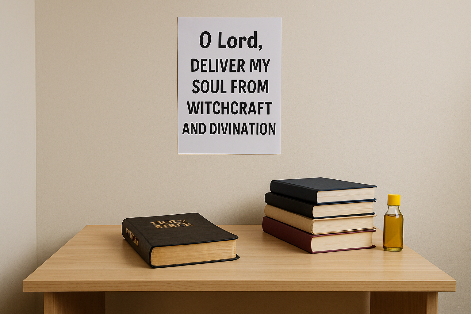 A peaceful prayer corner inside a small room featuring a light wooden table with an open Bible, a stack of five books, and a small bottle of anointing oil. On the wall above the table hangs a white poster that reads, “O Lord, deliver my soul from witchcraft and divination.” The setting feels calm and dedicated for personal worship and prayer.