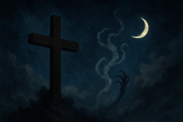 A serene digital painting of a Christian cross standing on a hilltop at twilight, illuminated by warm golden light under a peaceful sky. The scene symbolizes faith, prayer, and divine protection, reflecting spiritual strength and the power of God’s presence.