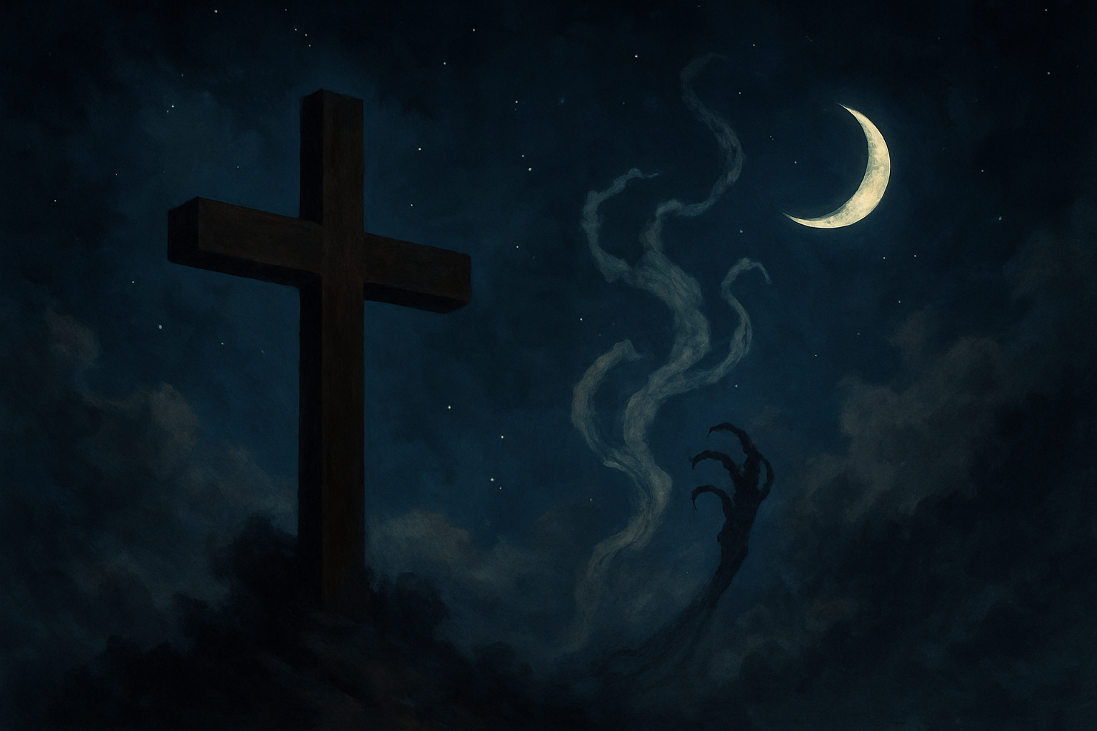 A serene digital painting of a Christian cross standing on a hilltop at twilight, illuminated by warm golden light under a peaceful sky. The scene symbolizes faith, prayer, and divine protection, reflecting spiritual strength and the power of God’s presence.