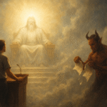 A realistic, majestic painting of a heavenly courtroom. On the left, a casually dressed man stands at a wooden podium holding a file, presenting his case. At the center, God sits on a radiant throne, His face obscured by intense, glowing light, surrounded by clouds and divine brightness. On the right, a shadowy, horned accuser resembling the devil stands in the mist, looking displeased as he angrily tears a document. The atmosphere is awe-inspiring, holy, and dramatic.
