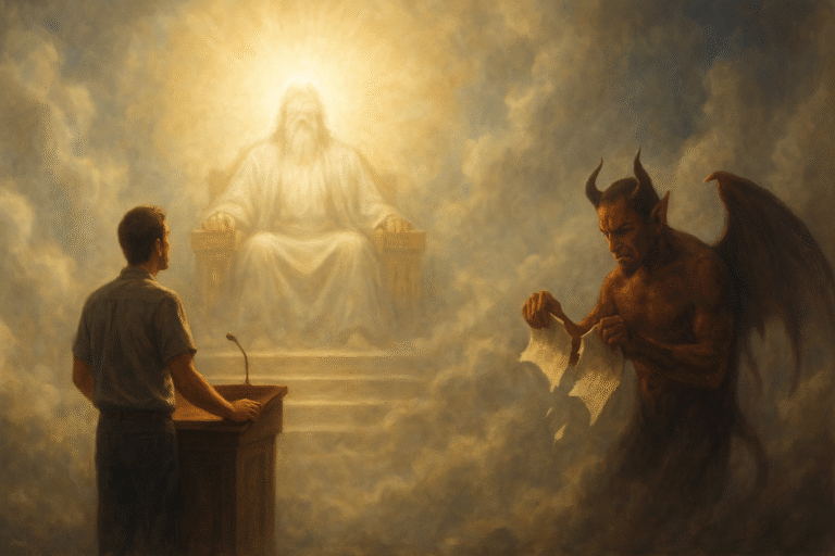 A realistic, majestic painting of a heavenly courtroom. On the left, a casually dressed man stands at a wooden podium holding a file, presenting his case. At the center, God sits on a radiant throne, His face obscured by intense, glowing light, surrounded by clouds and divine brightness. On the right, a shadowy, horned accuser resembling the devil stands in the mist, looking displeased as he angrily tears a document. The atmosphere is awe-inspiring, holy, and dramatic.