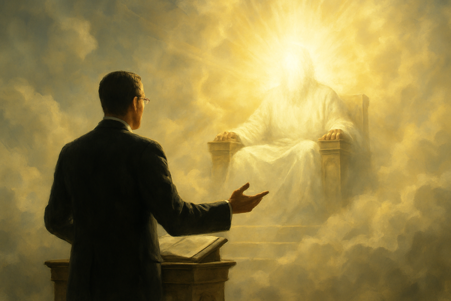 A man dressed in a dark suit stands at a podium in a cloud-filled heavenly courtroom, presenting his case toward a radiant figure seated on a throne. Godโs form is covered in intense golden light that obscures His face, with rays of glory shining throughout the scene. The atmosphere is majestic, bright, and awe inspiring, with soft clouds surrounding both the throne and the lawyer