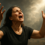 A middle-aged woman looks upward with intense emotion, her arms raised as she prays passionately. Dramatic sunlight breaks through dark clouds behind her, illuminating her face and highlighting her expression of desperation and deliverance.
