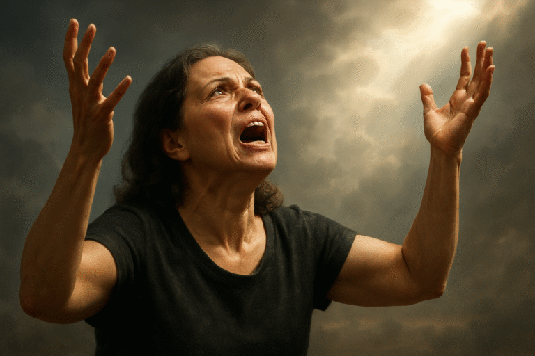 A middle-aged woman looks upward with intense emotion, her arms raised as she prays passionately. Dramatic sunlight breaks through dark clouds behind her, illuminating her face and highlighting her expression of desperation and deliverance.