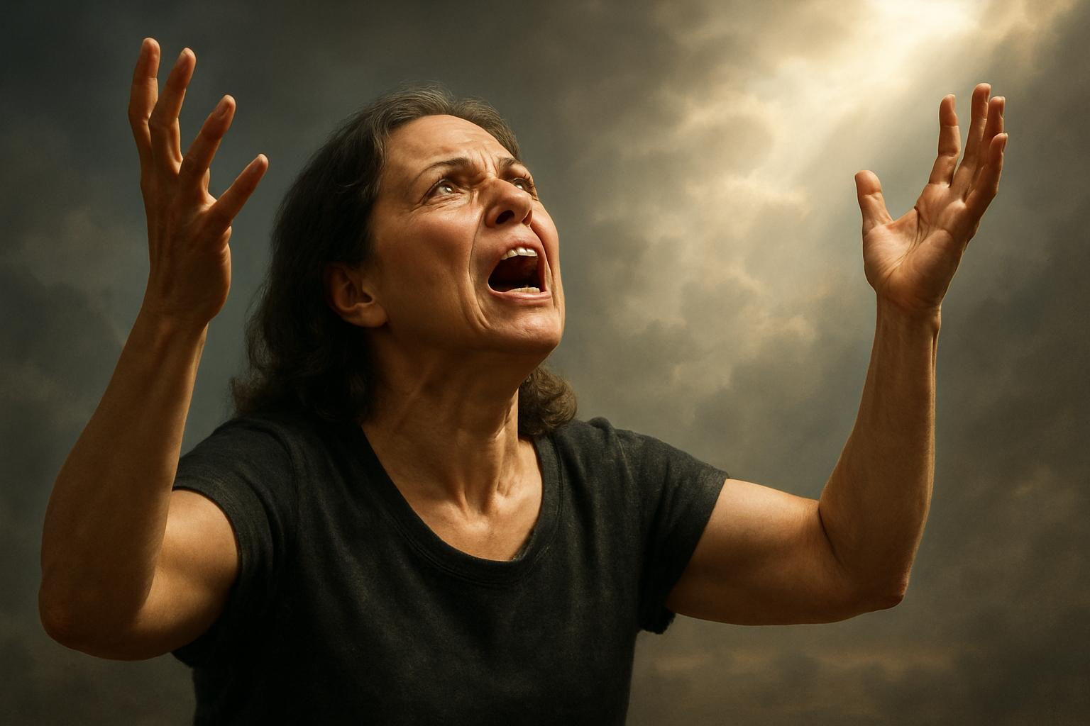A middle-aged woman looks upward with intense emotion, her arms raised as she prays passionately. Dramatic sunlight breaks through dark clouds behind her, illuminating her face and highlighting her expression of desperation and deliverance.