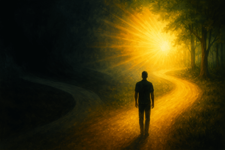 A symbolic digital painting of a person standing at a crossroads where one path glows with golden light and the other fades into shadow, representing the spiritual choice between divine destiny and darkness.