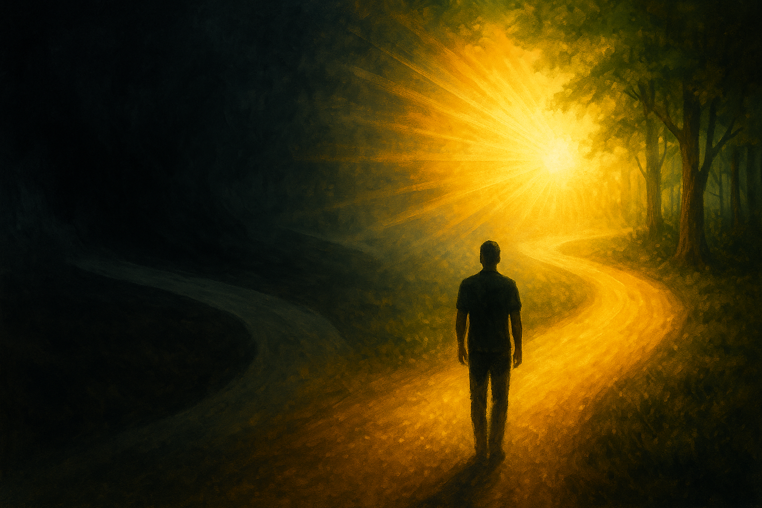 A symbolic digital painting of a person standing at a crossroads where one path glows with golden light and the other fades into shadow, representing the spiritual choice between divine destiny and darkness.