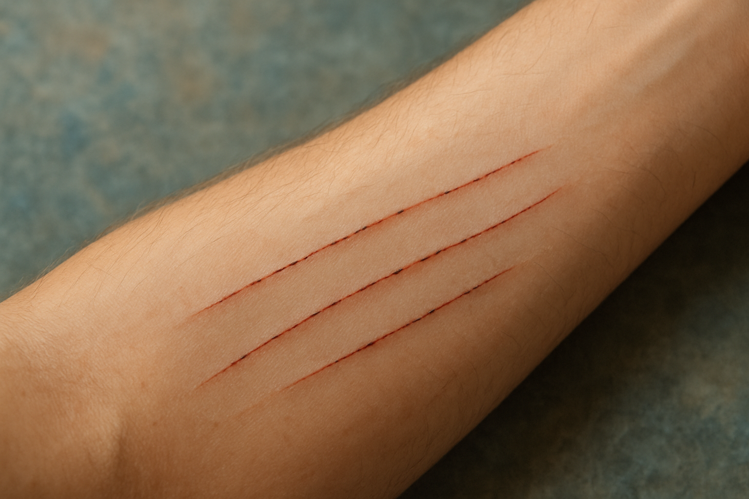 Close up view of a forearm with three thin, long scratch like cuts on the skin against a soft blurred background.