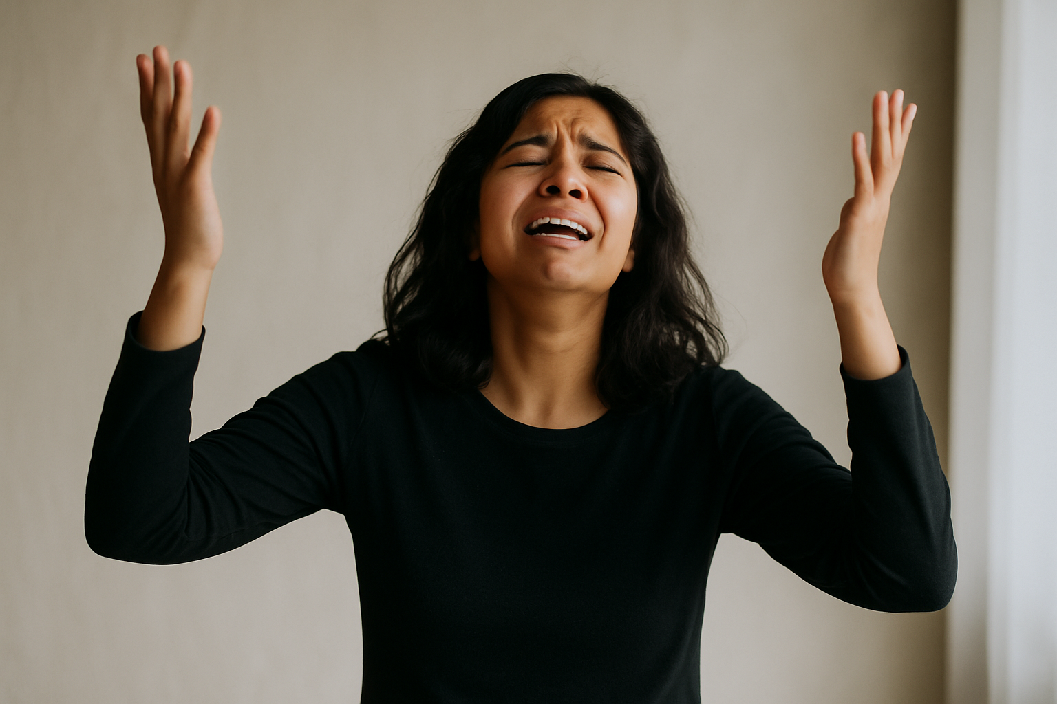 A woman crying out in repentance with her hands lifted, eyes closed, expressing deep emotion in a moment of prayer