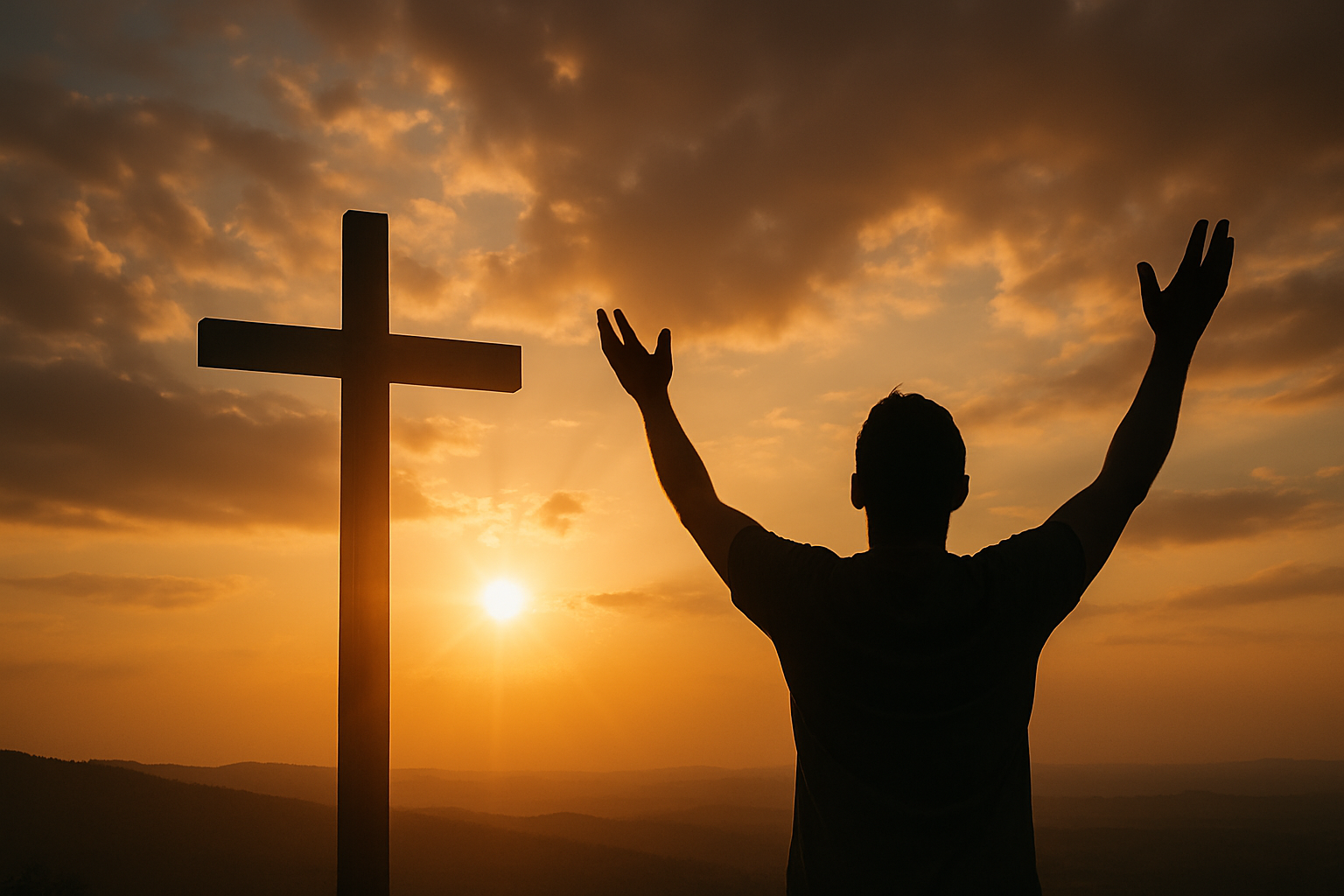 A silhouette of a man standing with arms raised in worship beside a large wooden cross during a warm golden sunset, with glowing sunlight breaking through clouds over distant hills.