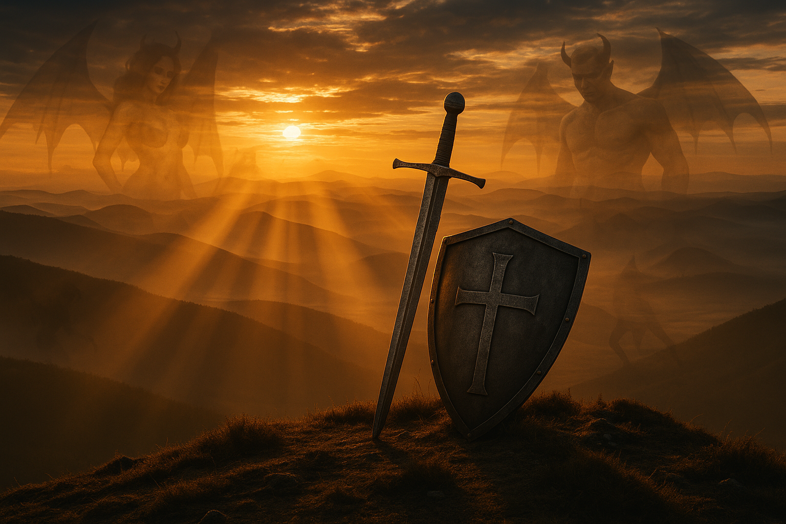 A sunrise casts golden rays over misty mountains, illuminating a sword and cross-emblazoned shield on a hillside. Faint, semi-transparent figures of a succubus and incubus appear in the distant sky, creating a supernatural and spiritual warfare atmosphere.