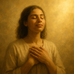 A serene woman with her hands placed over her chest stands with closed eyes, bathed in soft golden light. The warm, glowing atmosphere surrounds her, symbolizing peace and spiritual renewal during a divine visitation. The scene is painted in gentle, cloud-like golden tones in a 3:2 landscape orientation.