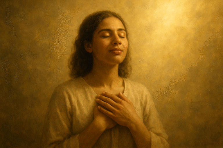 A serene woman with her hands placed over her chest stands with closed eyes, bathed in soft golden light. The warm, glowing atmosphere surrounds her, symbolizing peace and spiritual renewal during a divine visitation. The scene is painted in gentle, cloud-like golden tones in a 3:2 landscape orientation.