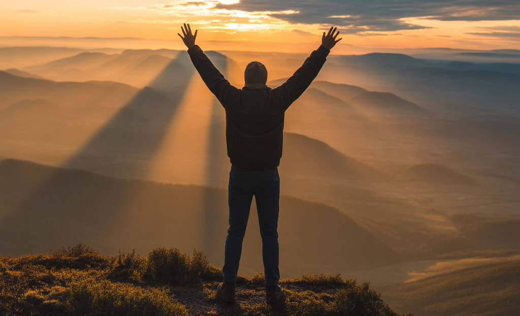 A person standing on a mountain peak at sunrise with arms raised toward the sky, overlooking layers of misty golden hills and sunbeams spreading across the landscape.