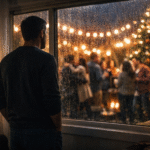 Lonely man looking out a window at holiday celebrations