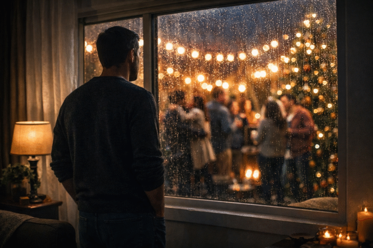 Lonely man looking out a window at holiday celebrations