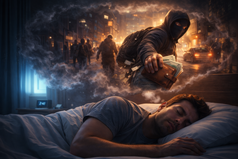 Man sleeping peacefully in a bedroom while dreaming of being robbed on a city street, with a hooligan stealing his wallet in a vivid, translucent dream scene above him.